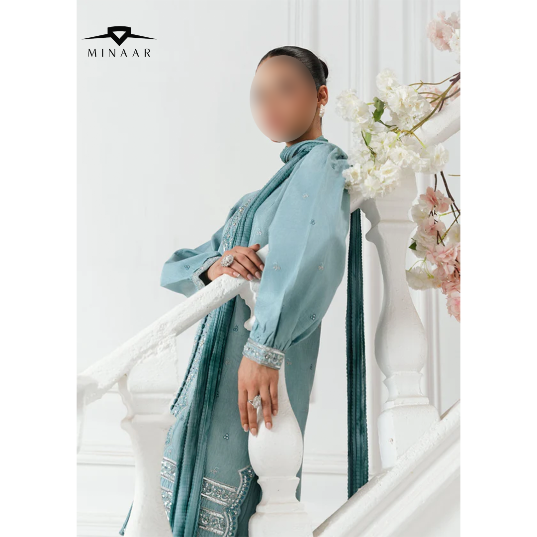 Ice Blue Embroidered Kurta Set | 3-Piece Outfit with Farshi Shalwar & Crushed Chiffon Dupatta