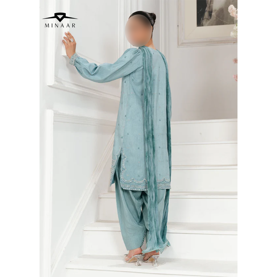 Ice Blue Embroidered Kurta Set | 3-Piece Outfit with Farshi Shalwar & Crushed Chiffon Dupatta