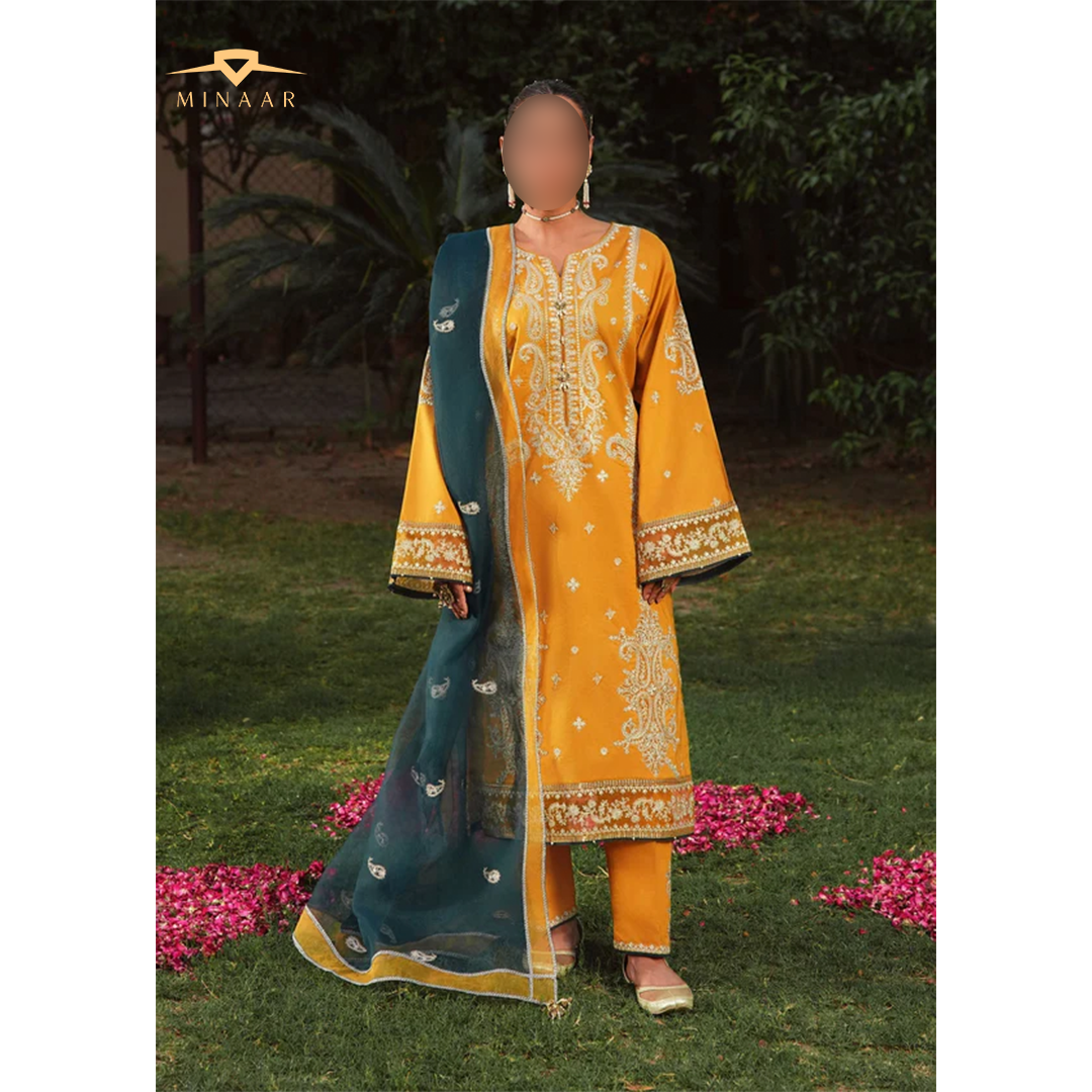 Mustard Lawn Kurta Set with Organza Dupatta – 3 Piece Summer Festive Outfit