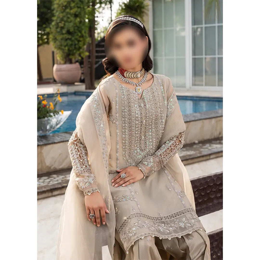 Beige Embroidered Kurta Set | 3-Piece Outfit with Farshi Shalwar & Organza Dupatta