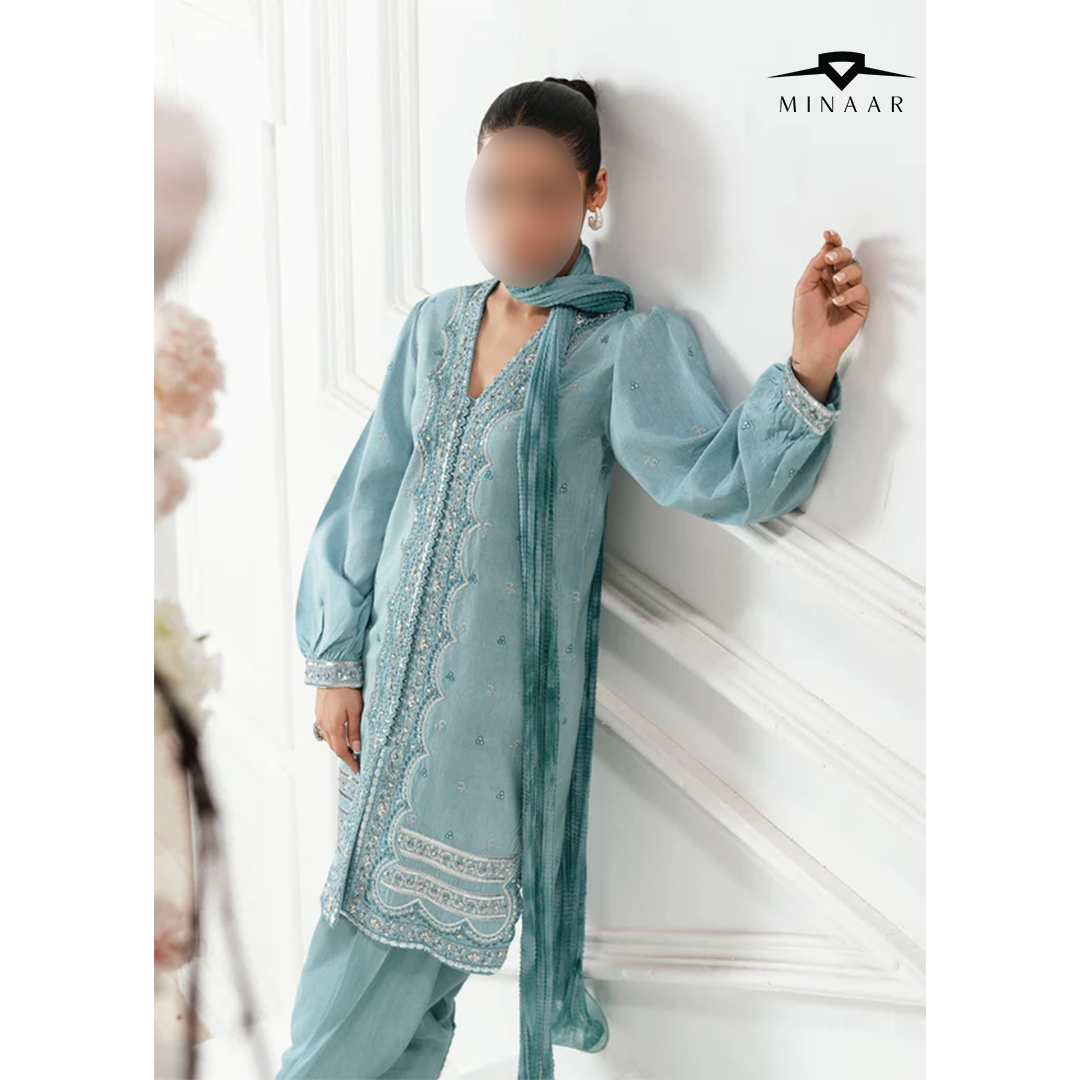 Ice Blue Embroidered Kurta Set | 3-Piece Outfit with Farshi Shalwar & Crushed Chiffon Dupatta