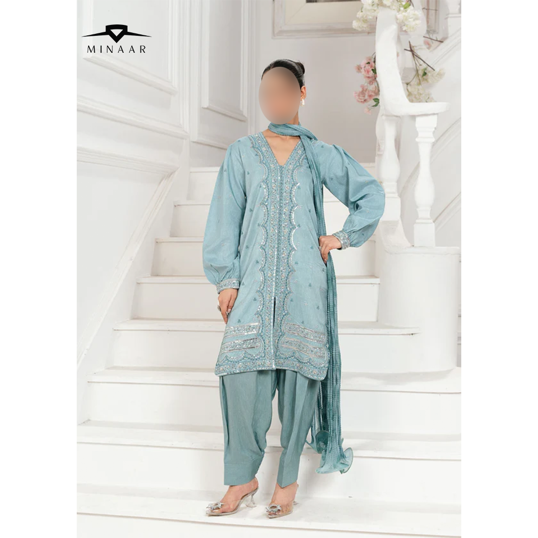 Ice Blue Embroidered Kurta Set | 3-Piece Outfit with Farshi Shalwar & Crushed Chiffon Dupatta