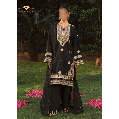 Black embroidered kurta set with farshi shalwar and organza dupatta