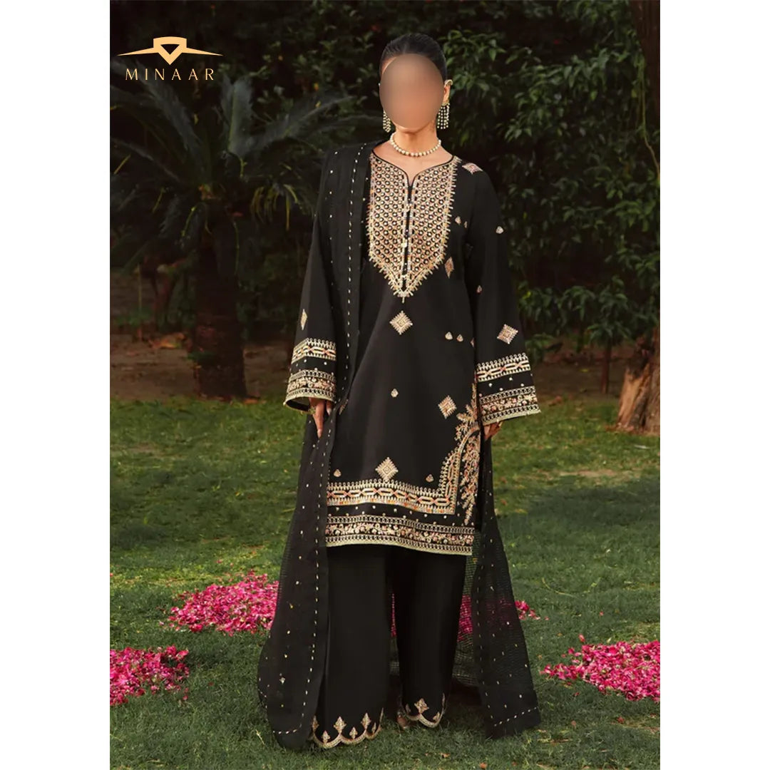 Black Embroidered Kurta Set | 3-Piece Summer Lawn Outfit with Farshi Shalwar & Organza Dupatta