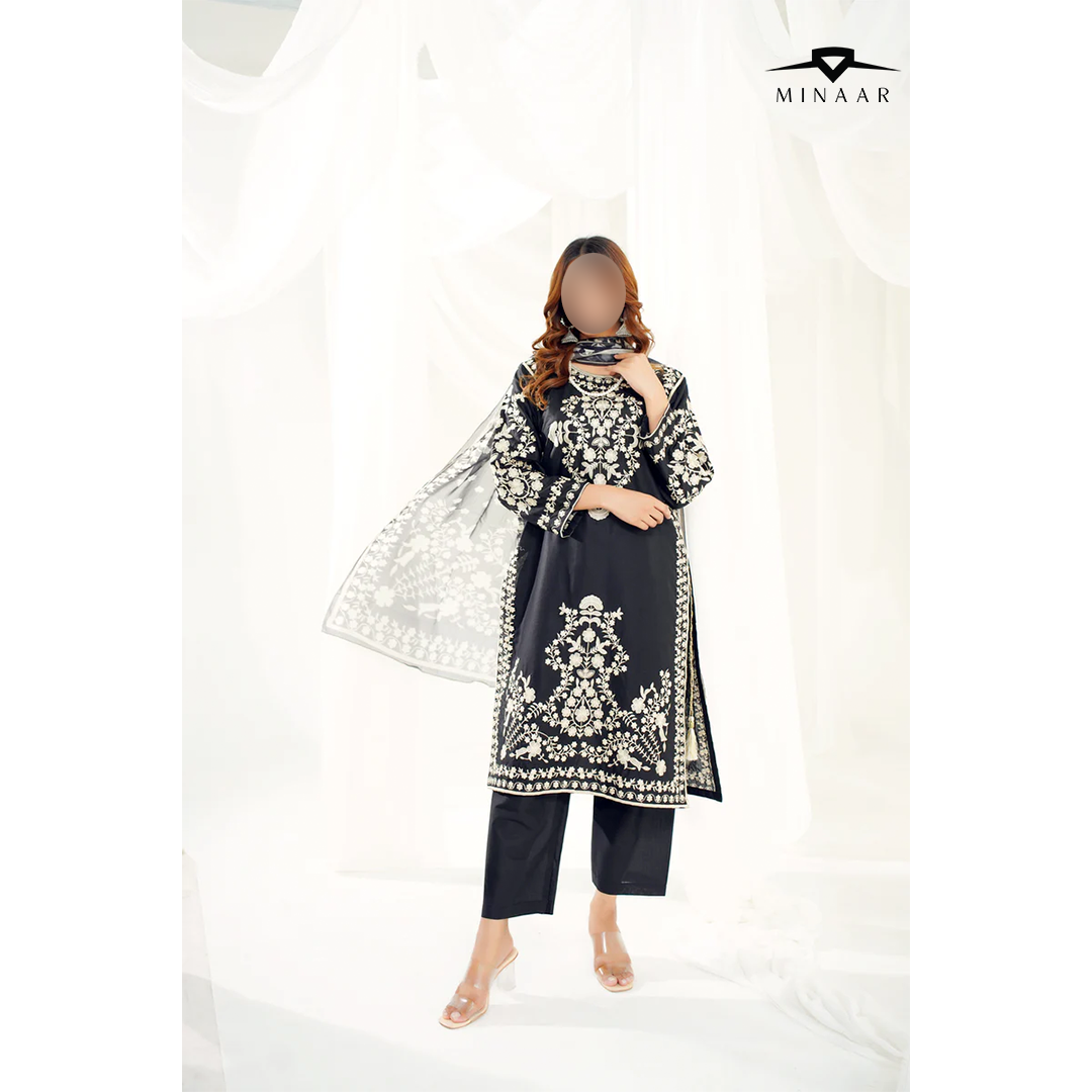 Black Skin Embroidered Cotton Lawn 3-Piece Suit with Printed Dupatta