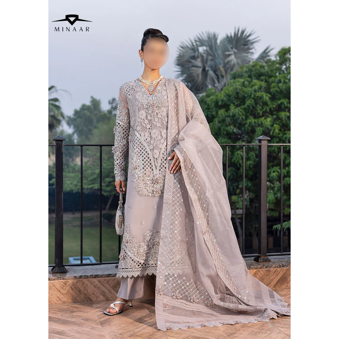Silver Embroidered Kurta Set | 3-Piece Outfit with Long Organza Kurta, Viscose Trouser & Organza Dupatta