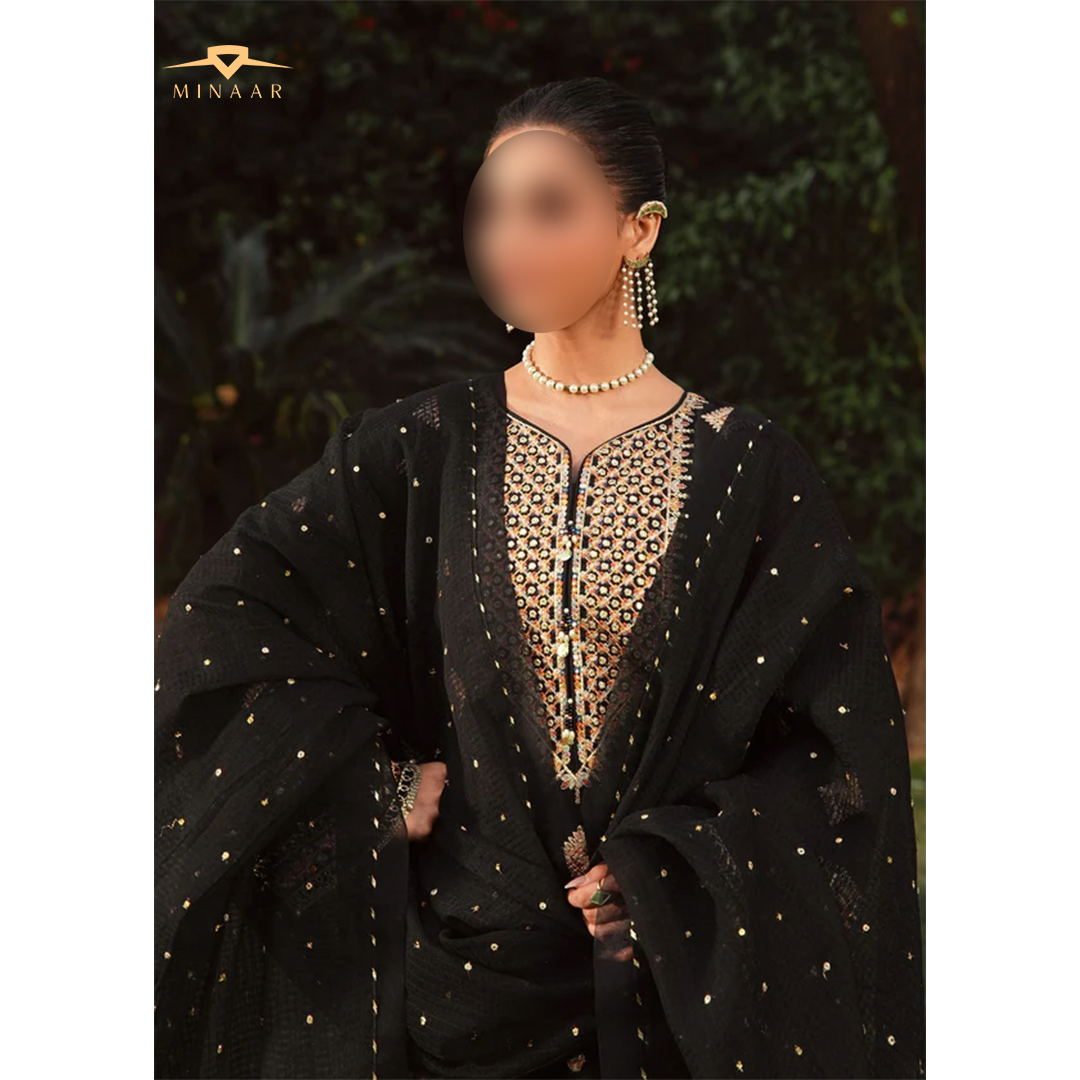 Black Embroidered Kurta Set | 3-Piece Summer Lawn Outfit with Farshi Shalwar & Organza Dupatta