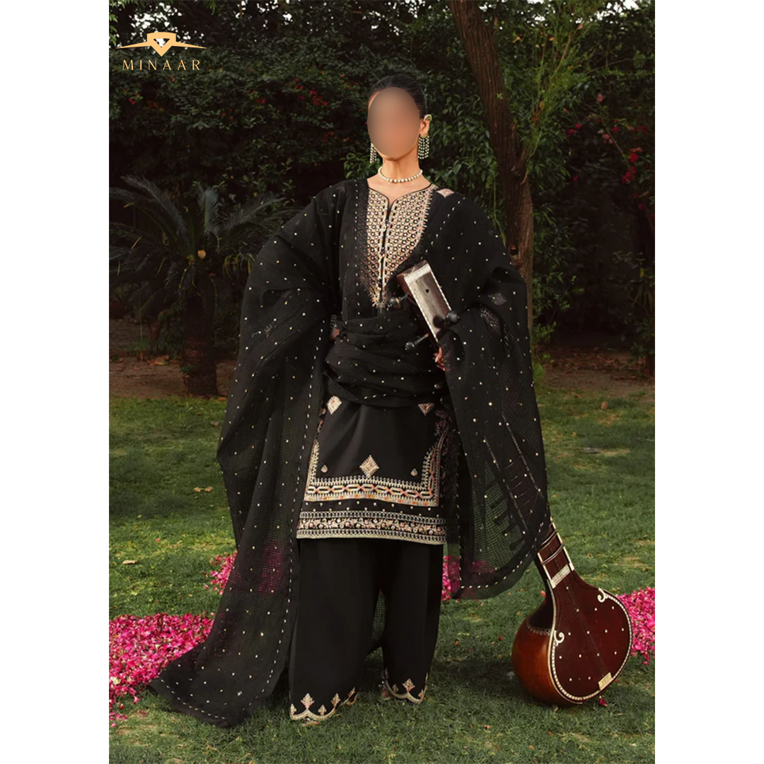 Black Embroidered Kurta Set | 3-Piece Summer Lawn Outfit with Farshi Shalwar & Organza Dupatta