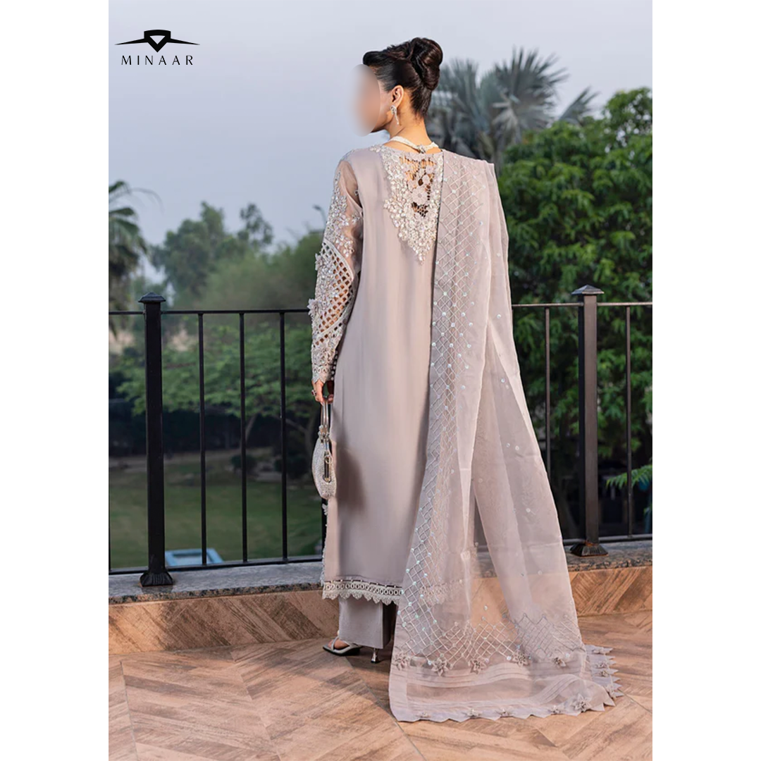 Silver Embroidered Kurta Set | 3-Piece Outfit with Long Organza Kurta, Viscose Trouser & Organza Dupatta