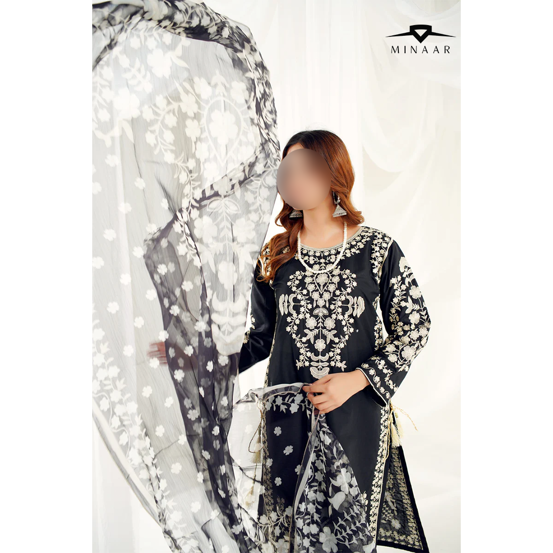 Black Skin Embroidered Cotton Lawn 3-Piece Suit with Printed Dupatta
