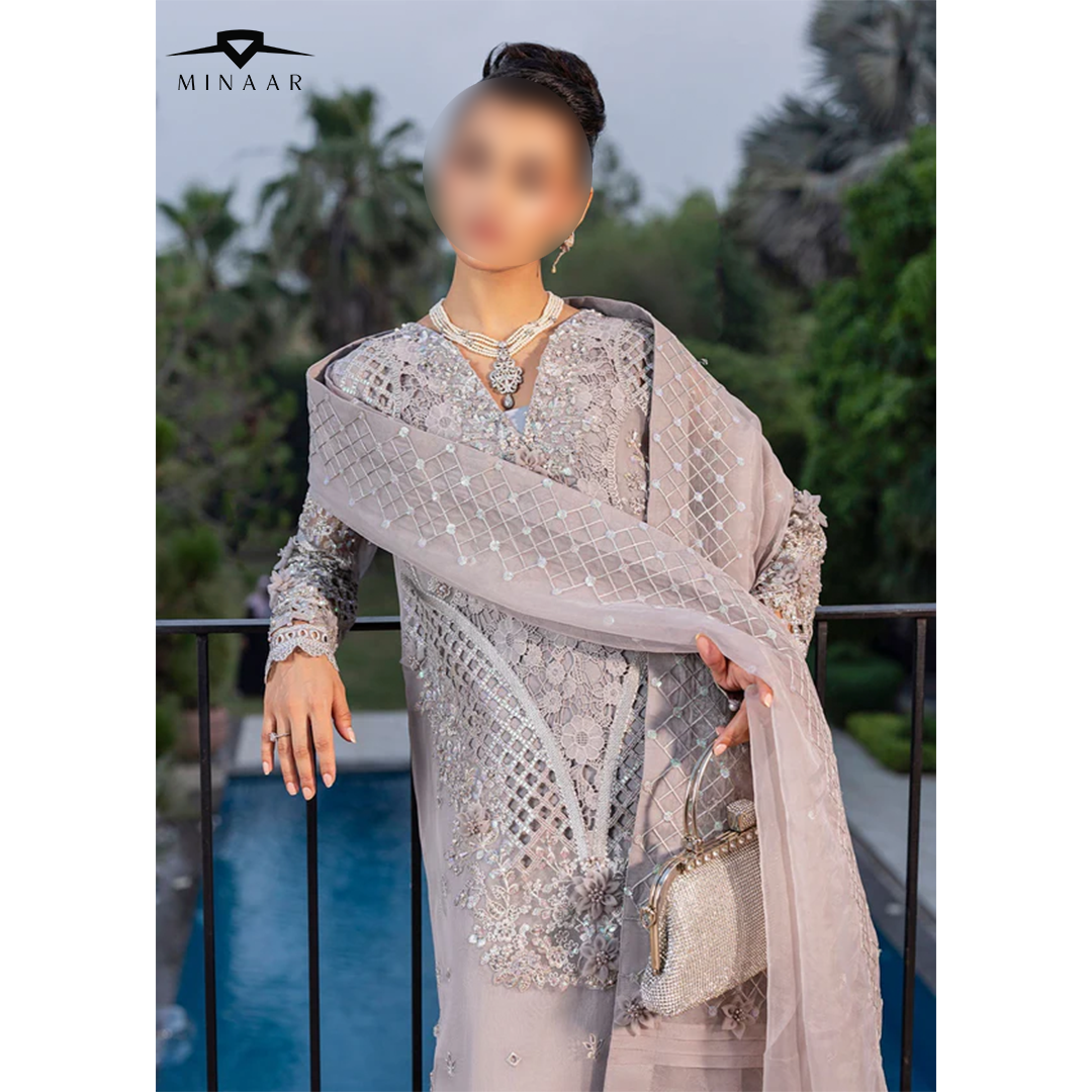 Silver Embroidered Kurta Set | 3-Piece Outfit with Long Organza Kurta, Viscose Trouser & Organza Dupatta