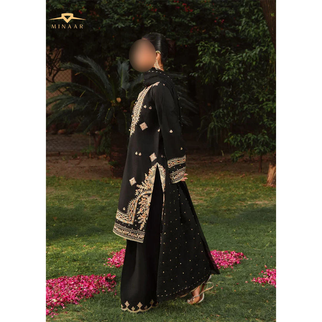 Black Embroidered Kurta Set | 3-Piece Summer Lawn Outfit with Farshi Shalwar & Organza Dupatta