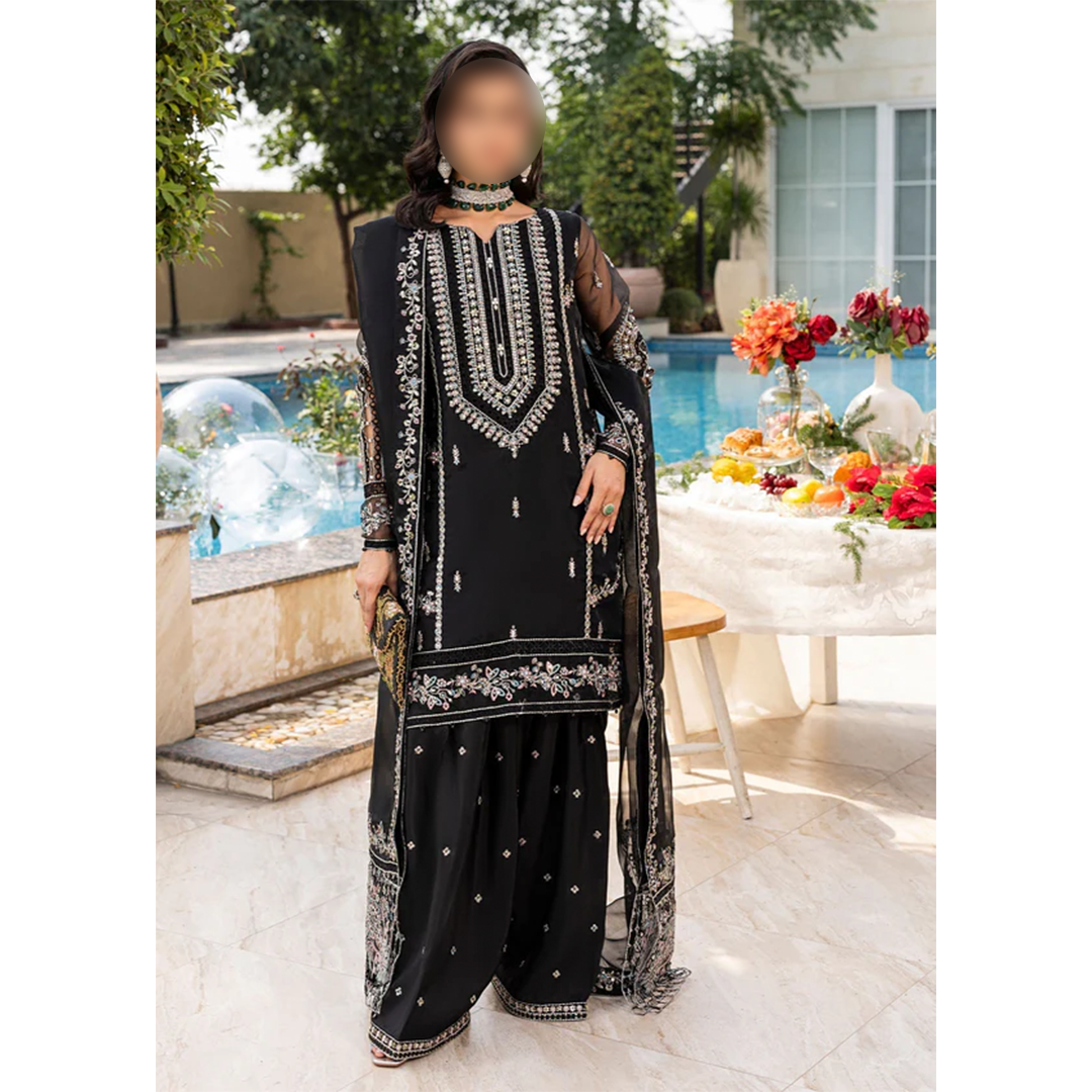 Black Embroidered Kurta Set | 3-Piece Outfit with Farshi Shalwar & Organza Dupatta