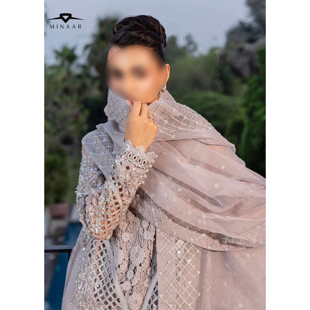 Silver Embroidered Kurta Set | 3-Piece Outfit with Long Organza Kurta, Viscose Trouser & Organza Dupatta