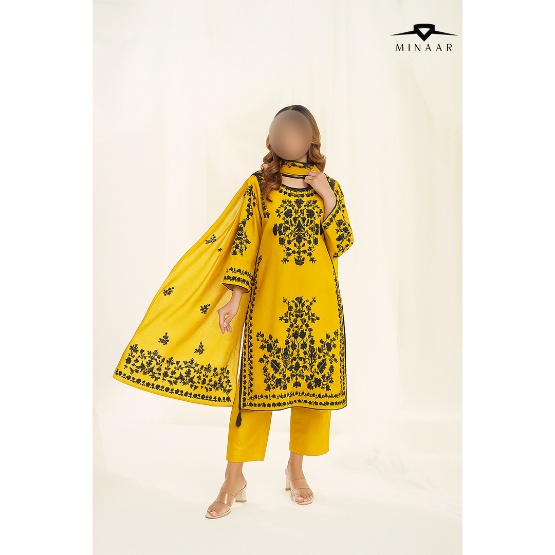 Yellow Black Embroidered Cotton Lawn 3-Piece Suit with Printed Dupatta