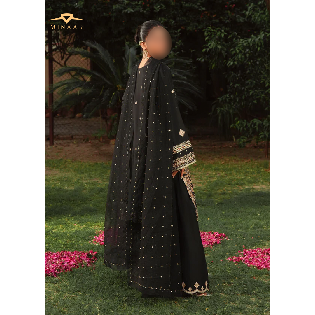 Black Embroidered Kurta Set | 3-Piece Summer Lawn Outfit with Farshi Shalwar & Organza Dupatta