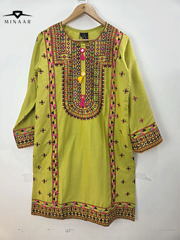 Parrot Green Cotton Lawn 3-Piece Suit with Multi Embroidery, Farshi Shalwar & Diamond Dupatta
