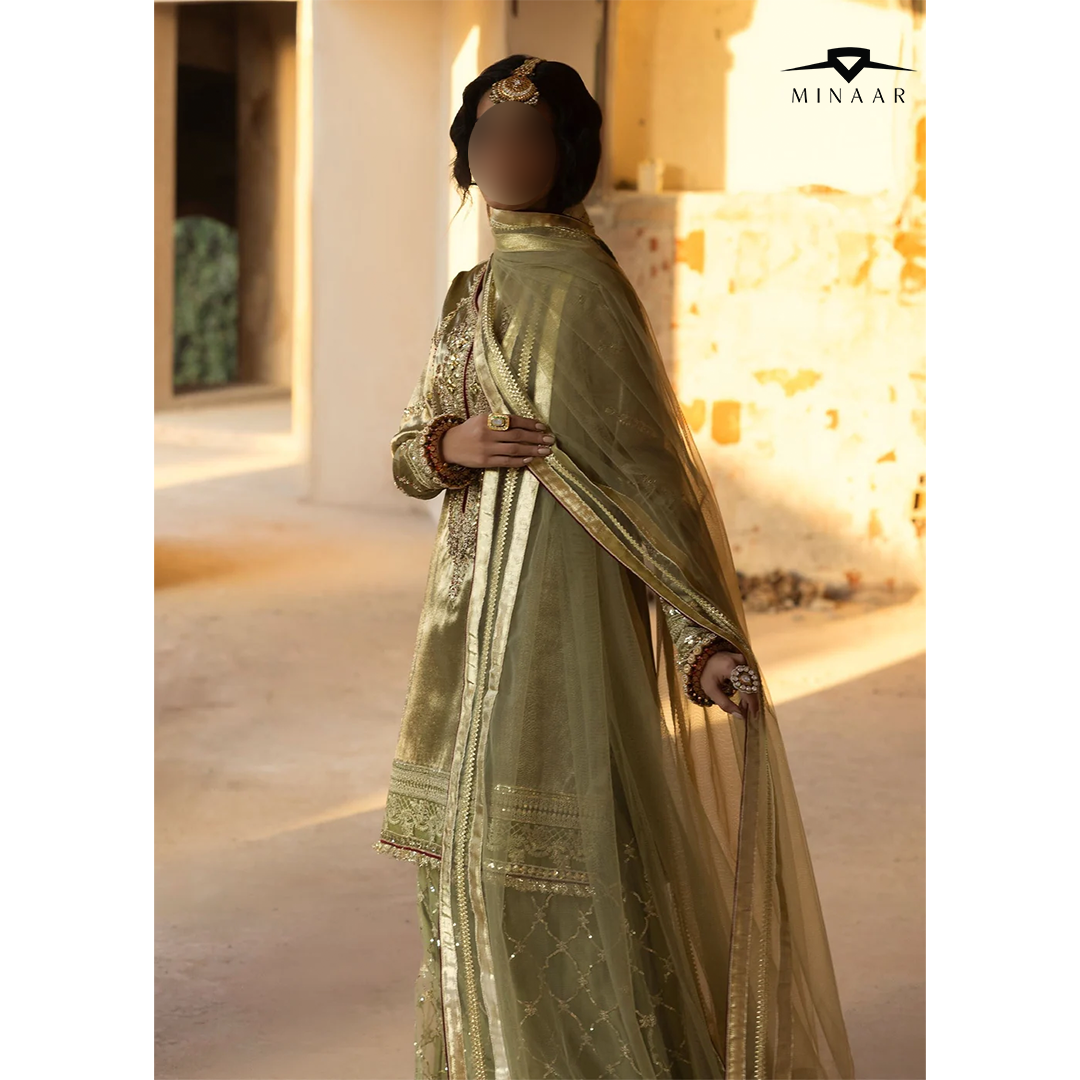 Olive Green Embroidered Sharara Set | 3-Piece Outfit with Tissue Shirt & Net Dupatta