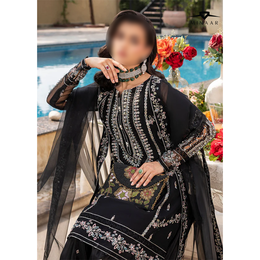 Black Embroidered Kurta Set | 3-Piece Outfit with Farshi Shalwar & Organza Dupatta