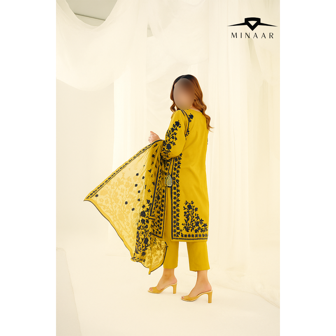 Yellow Black Embroidered Cotton Lawn 3-Piece Suit with Printed Dupatta