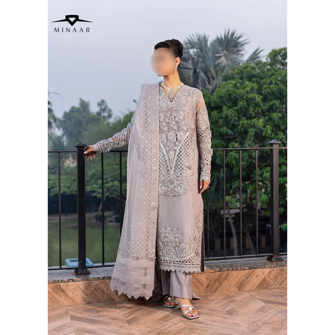 Silver Embroidered Kurta Set | 3-Piece Outfit with Long Organza Kurta, Viscose Trouser & Organza Dupatta
