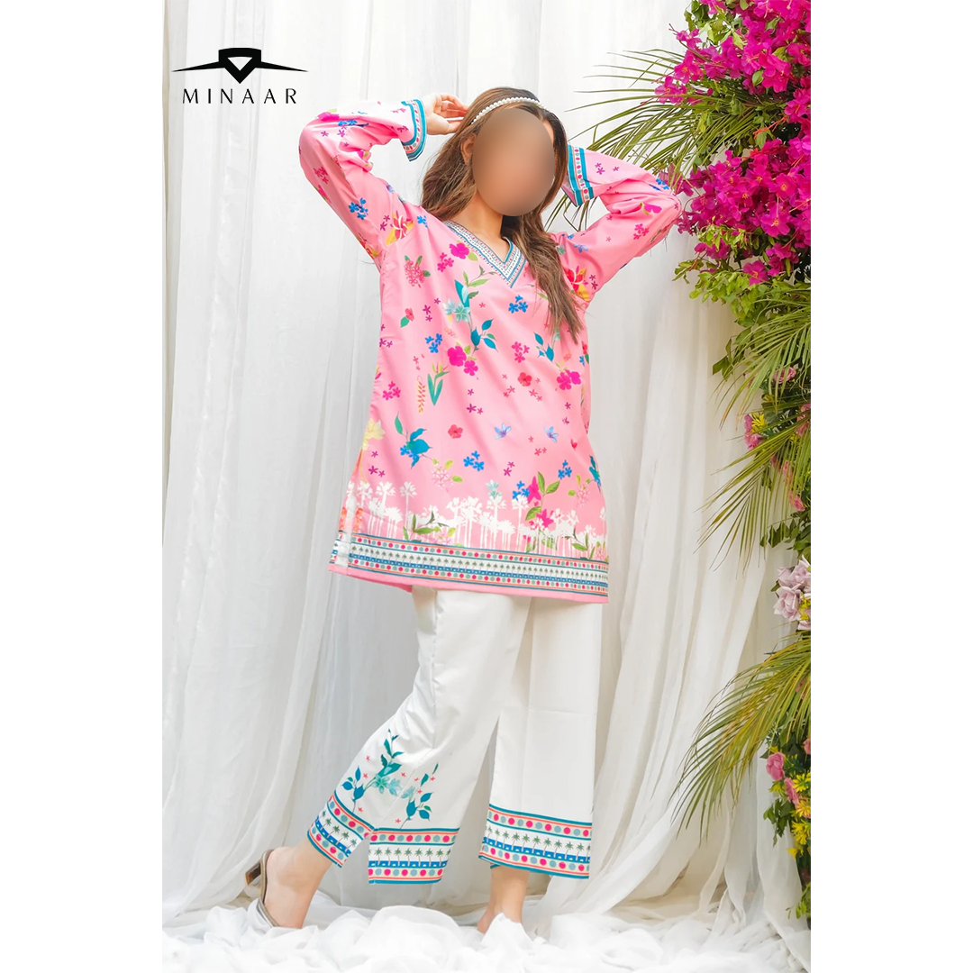 Front view of printed 2-piece women’s co-ord set in soft crepe fabric