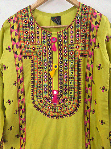 Parrot Green Cotton Lawn 3-Piece Suit with Multi Embroidery, Farshi Shalwar & Diamond Dupatta