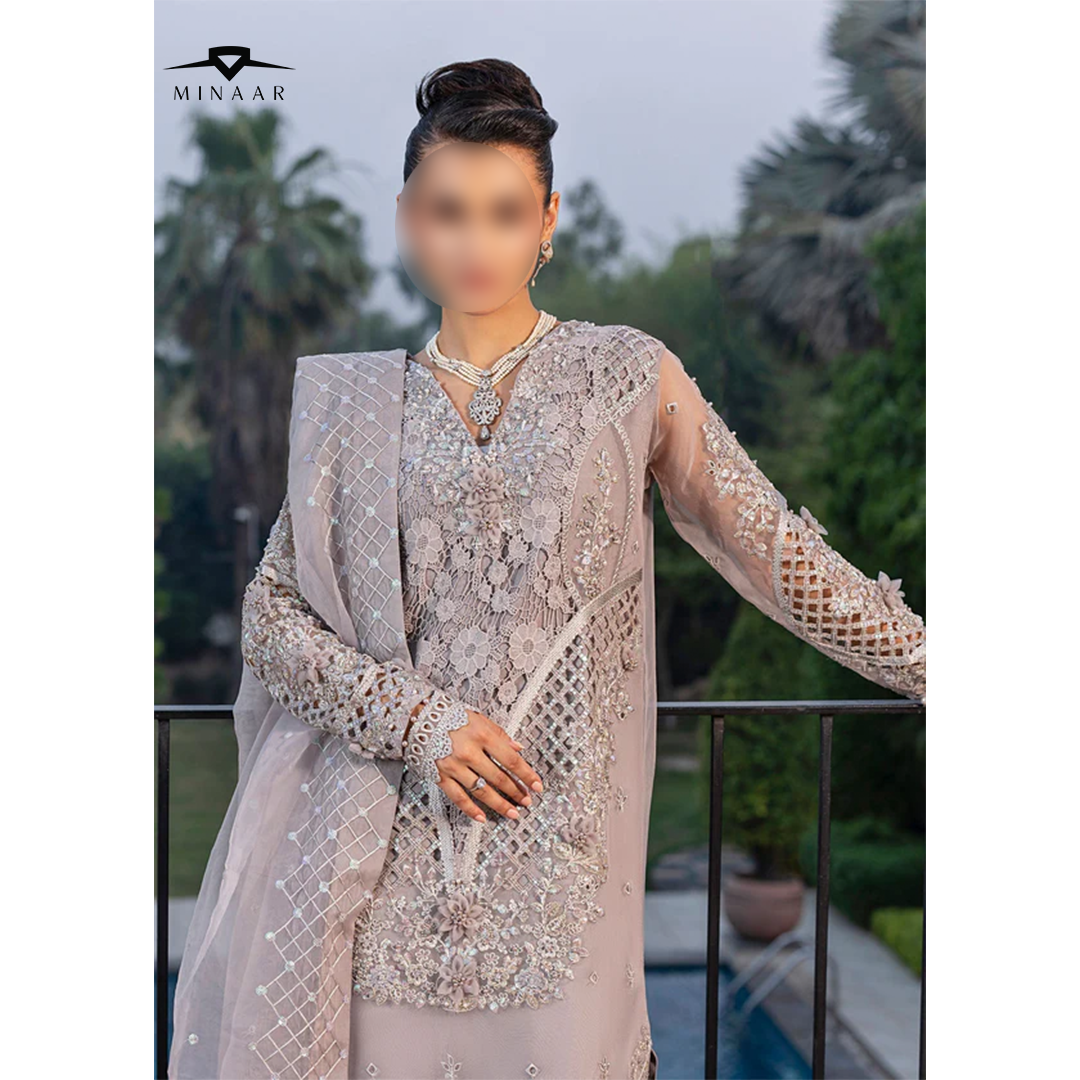Silver Embroidered Kurta Set | 3-Piece Outfit with Long Organza Kurta, Viscose Trouser & Organza Dupatta