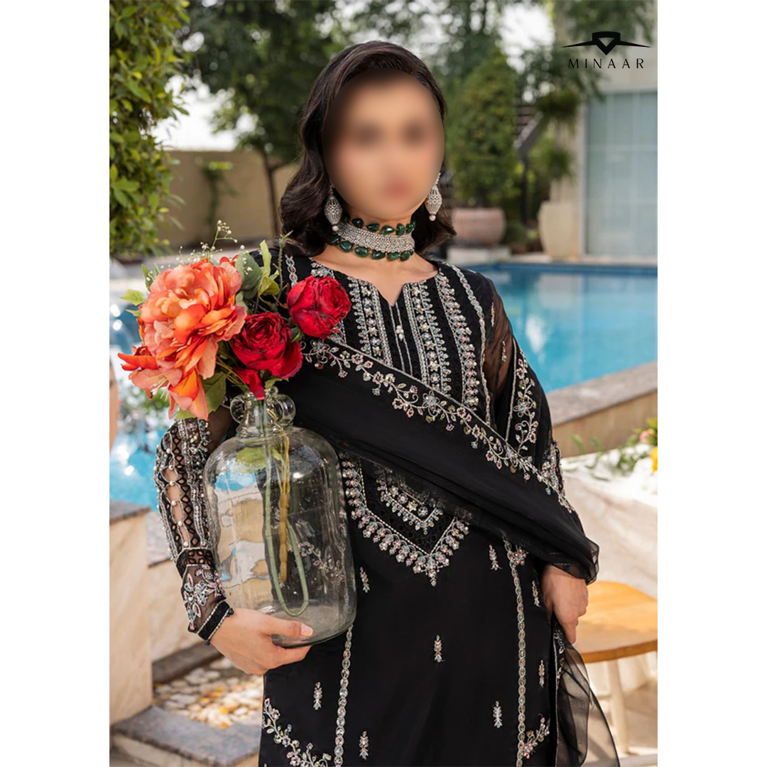 Black Embroidered Kurta Set | 3-Piece Outfit with Farshi Shalwar & Organza Dupatta