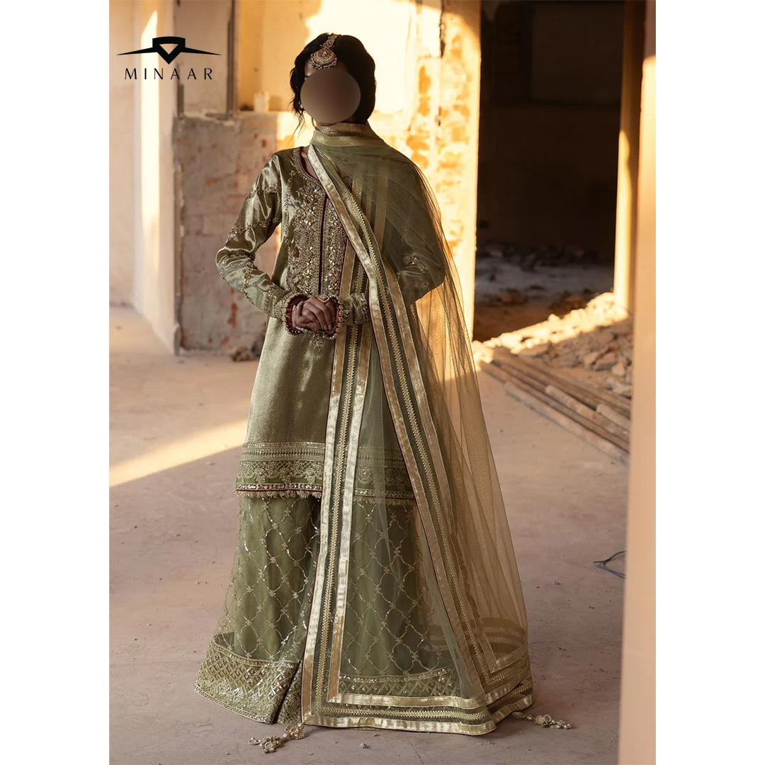 Olive Green Embroidered Sharara Set | 3-Piece Outfit with Tissue Shirt & Net Dupatta
