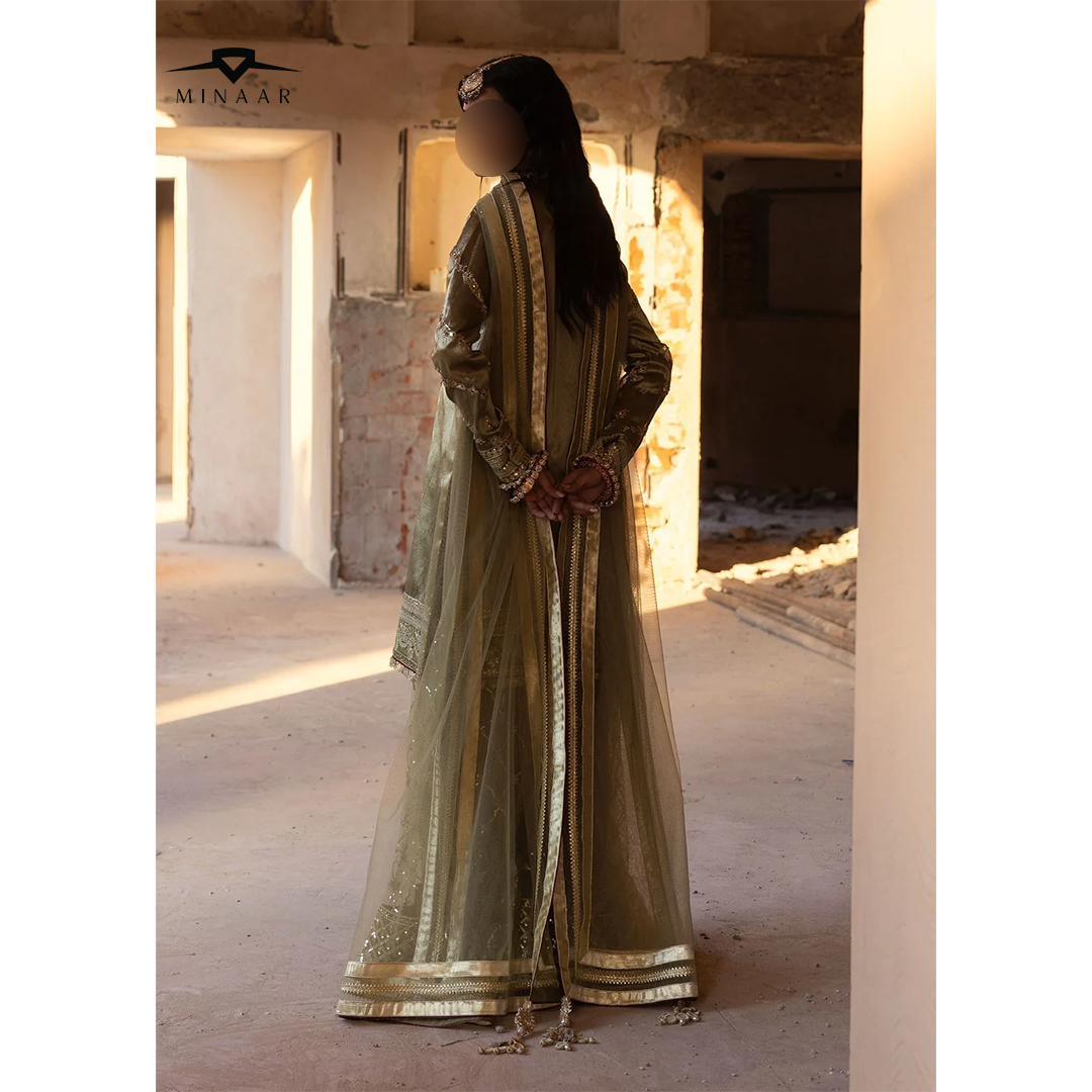 Olive Green Embroidered Sharara Set | 3-Piece Outfit with Tissue Shirt & Net Dupatta