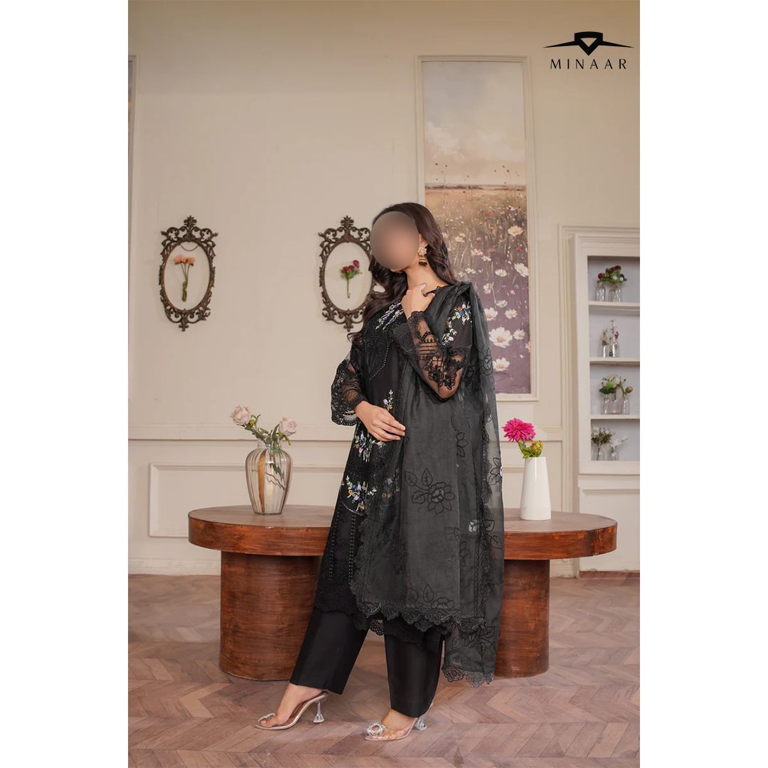 Black Heavy Embroidered Cotton Lawn 3-Piece Suit with Khaddi Net Dupatta