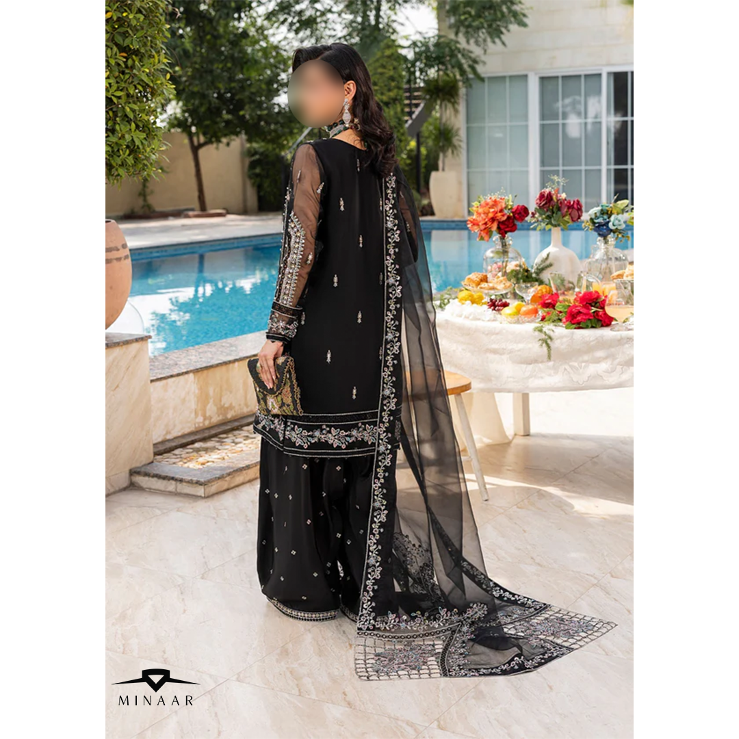 Black Embroidered Kurta Set | 3-Piece Outfit with Farshi Shalwar & Organza Dupatta
