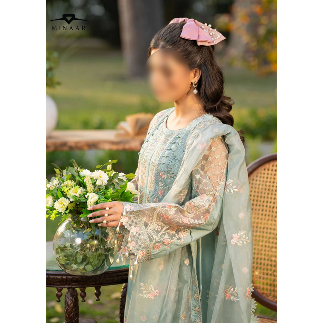 Light Blue Cotton Net Kurta Set with Organza Dupatta – 3 Piece Festive Outfit