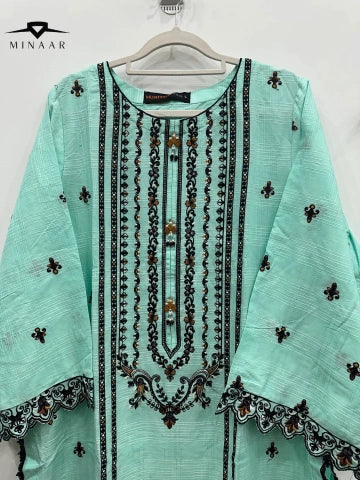 Aqua Slub Cotton Embroidered Kurta Set with Khaddi Net Dupatta – 3 Piece