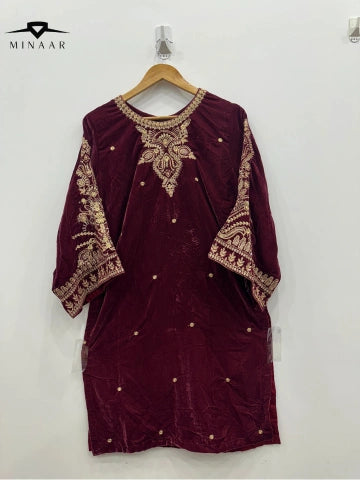 Maroon Velvet Embroidered Kurta Set with Shawl – 2 Piece