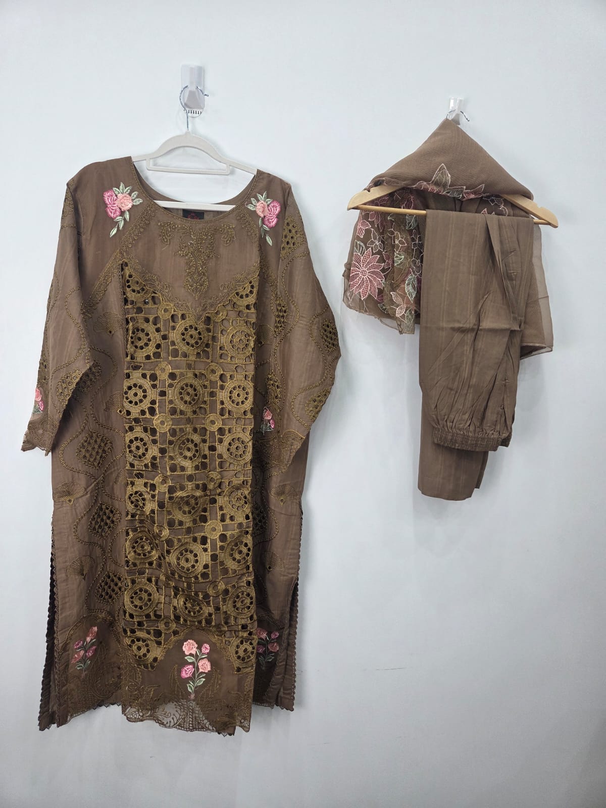 Brown Embroidered Cotton Lawn 3-Piece Suit with Khaddi Net Dupatta