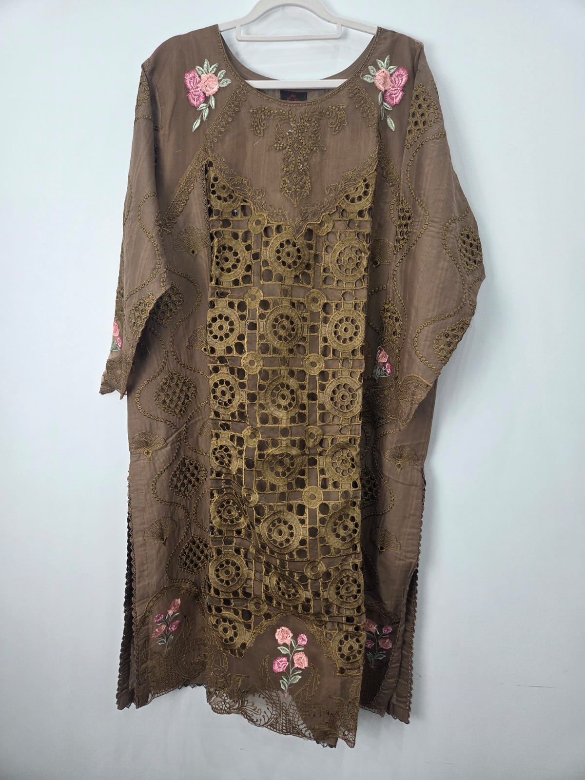 Brown Embroidered Cotton Lawn 3-Piece Suit with Khaddi Net Dupatta