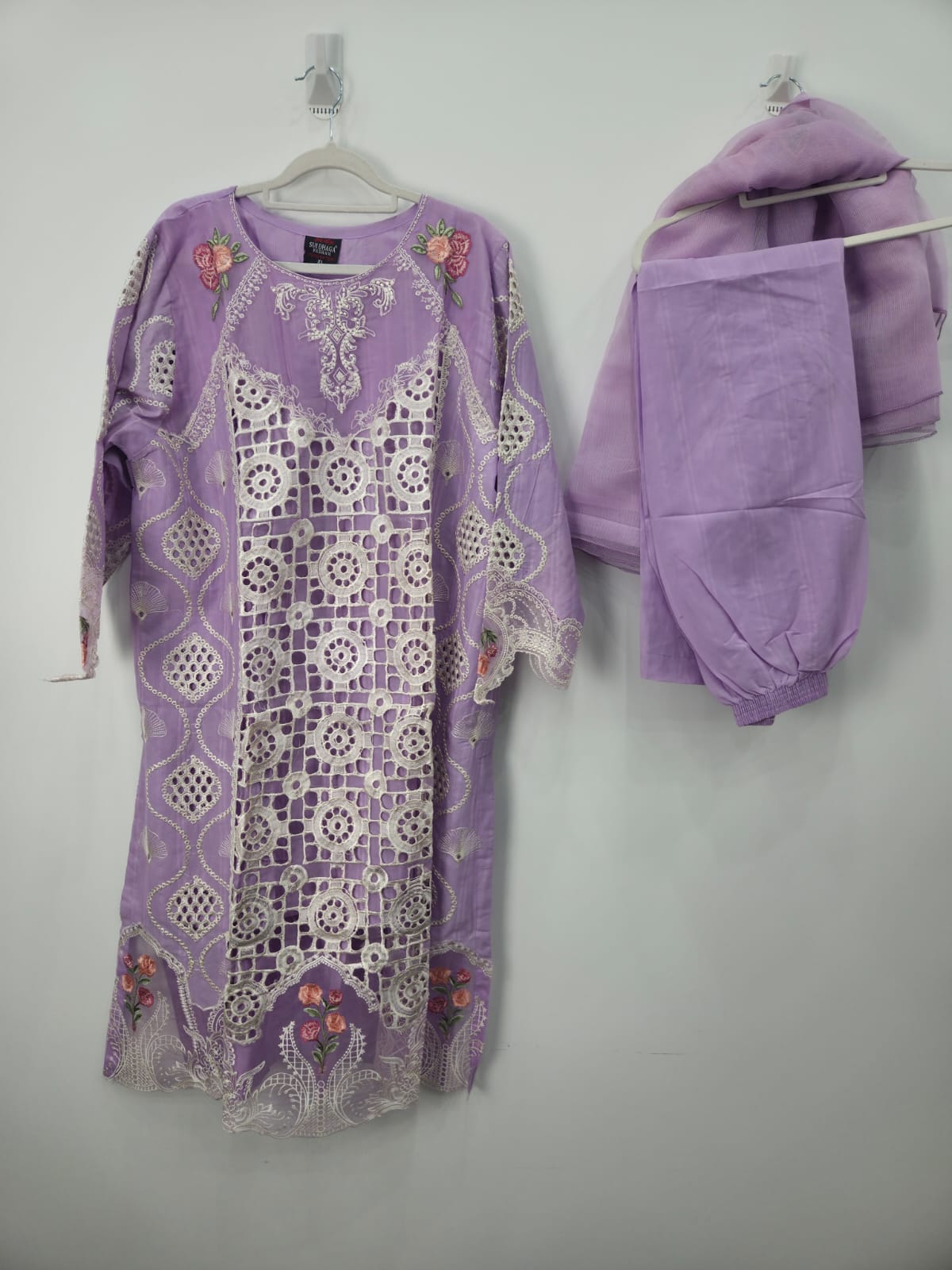 Purple White Embroidered Cotton Lawn 3-Piece Suit with Khaddi Net Dupatta