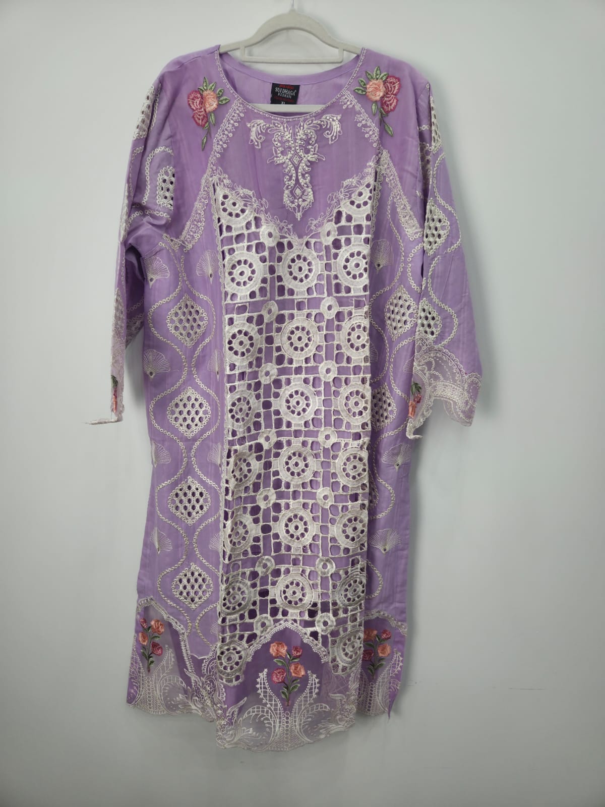 Purple White Embroidered Cotton Lawn 3-Piece Suit with Khaddi Net Dupatta