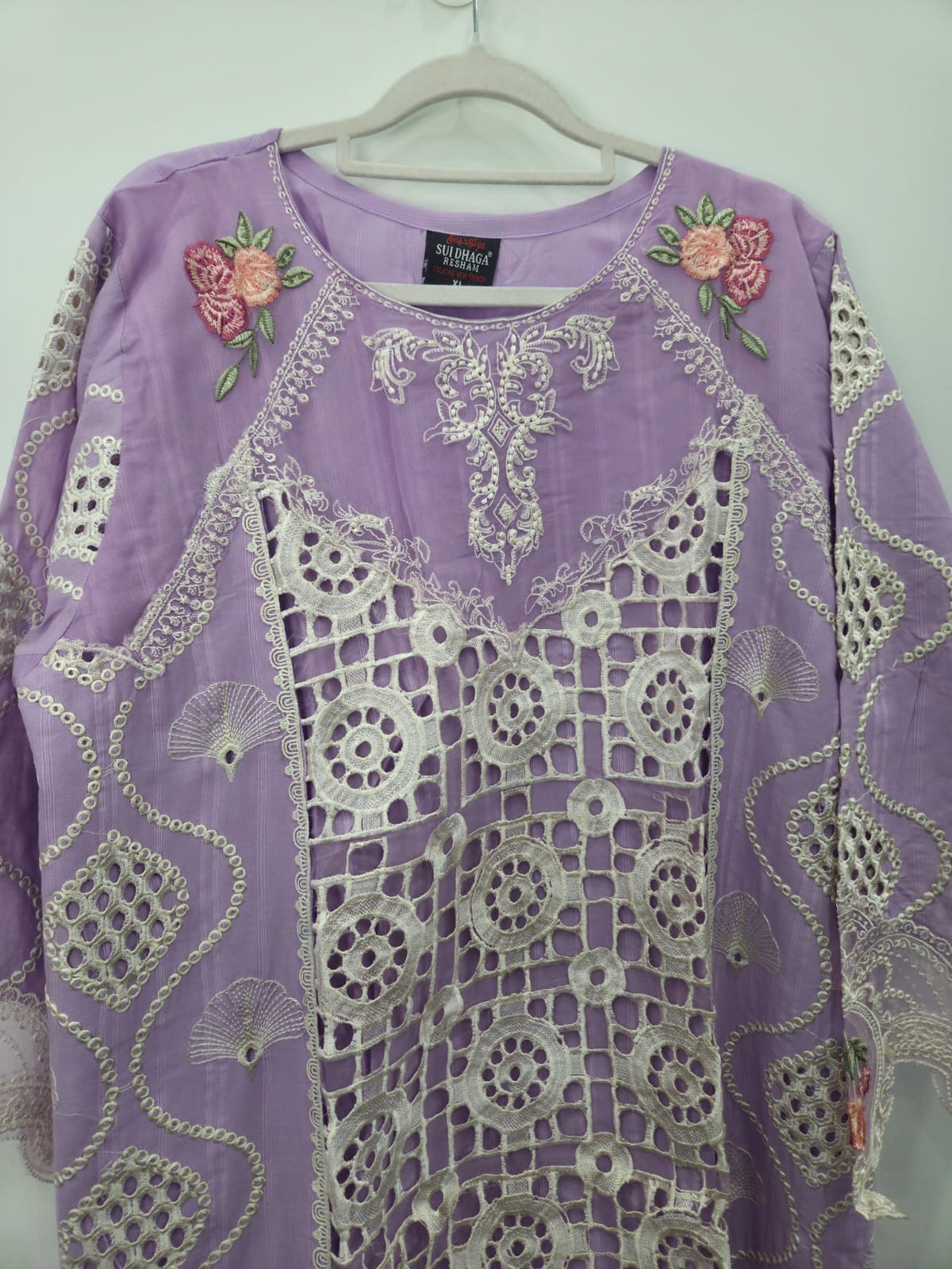 Purple White Embroidered Cotton Lawn 3-Piece Suit with Khaddi Net Dupatta