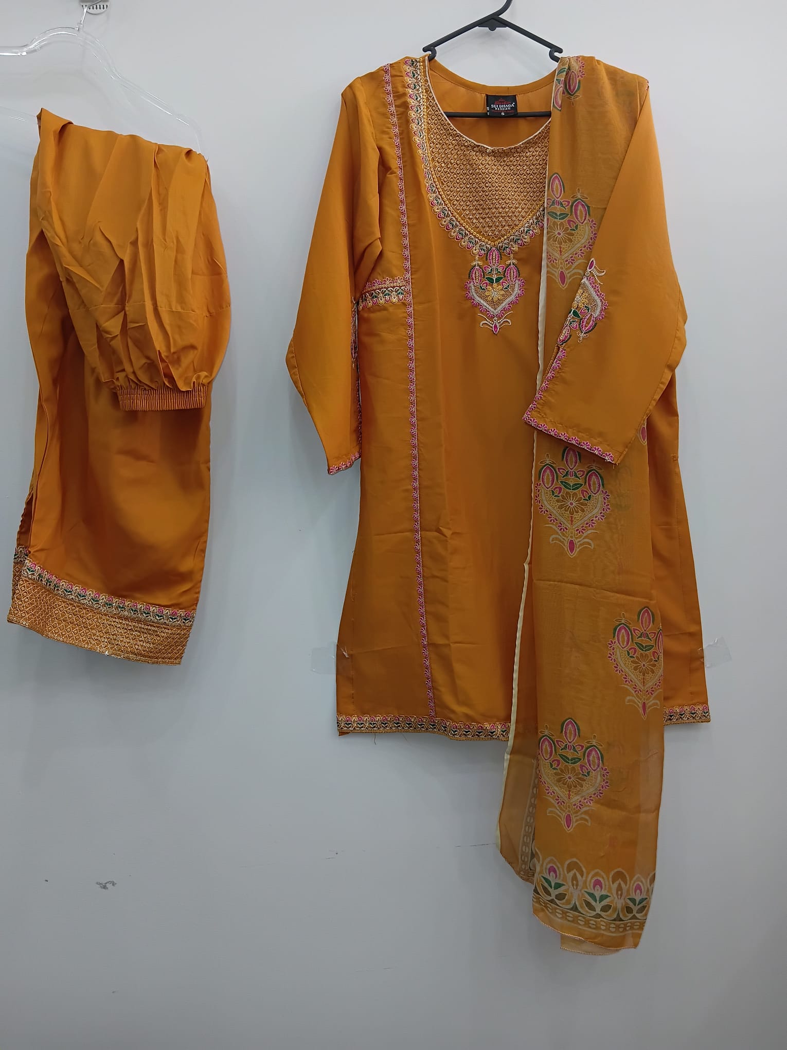 Mustard cotton lawn shirt with pink tila embroidery and printed dupatta