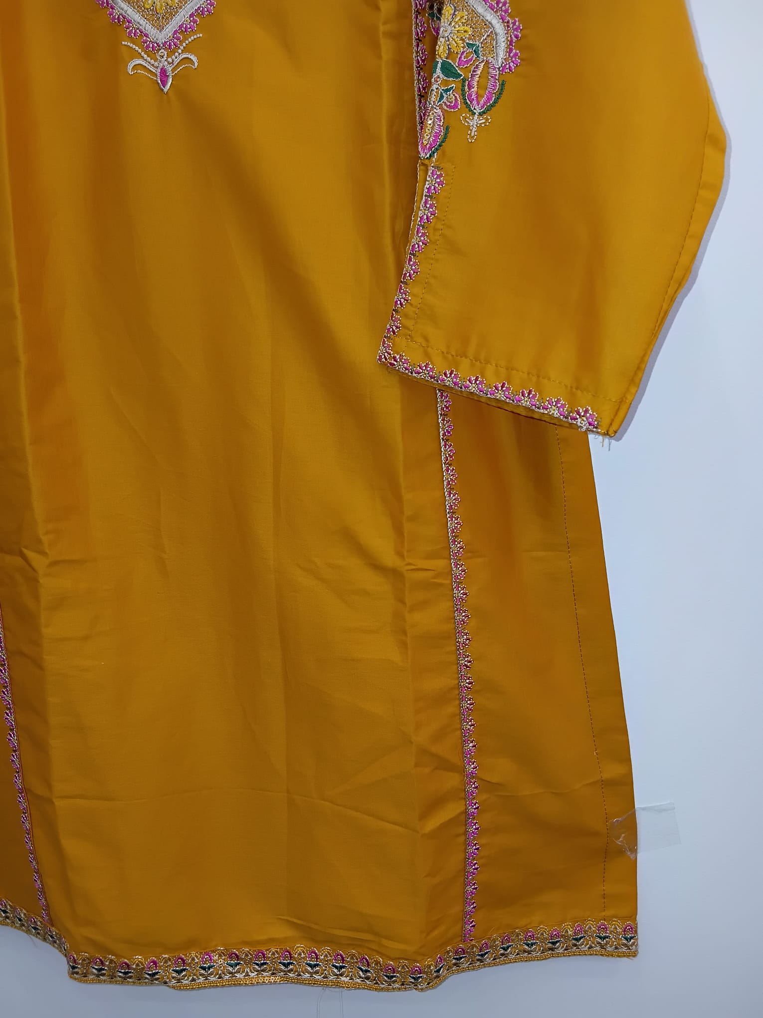 Mustard cotton lawn shirt with pink tila embroidery and printed dupatta