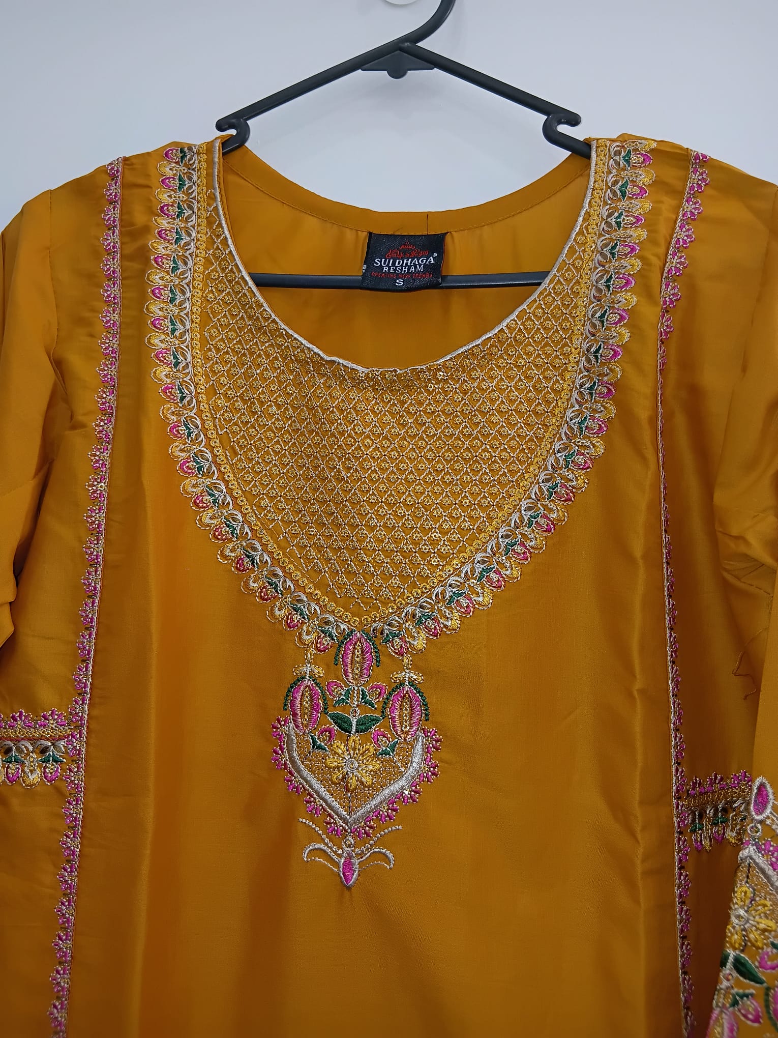 Mustard cotton lawn shirt with pink tila embroidery and printed dupatta