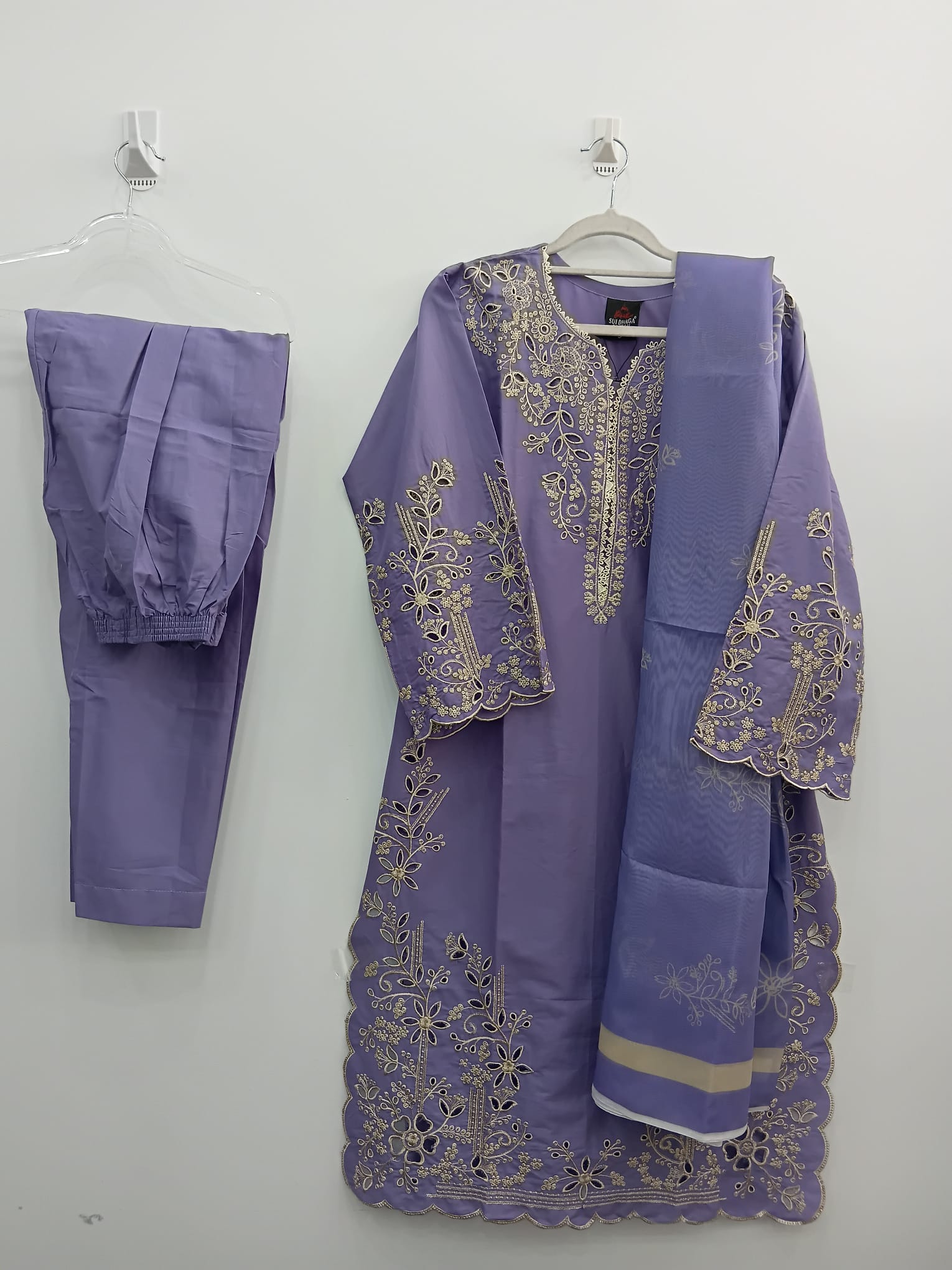 Lavender Chikankari & Sitari Embroidered Cotton Lawn 3-Piece Suit with Printed Dupatta