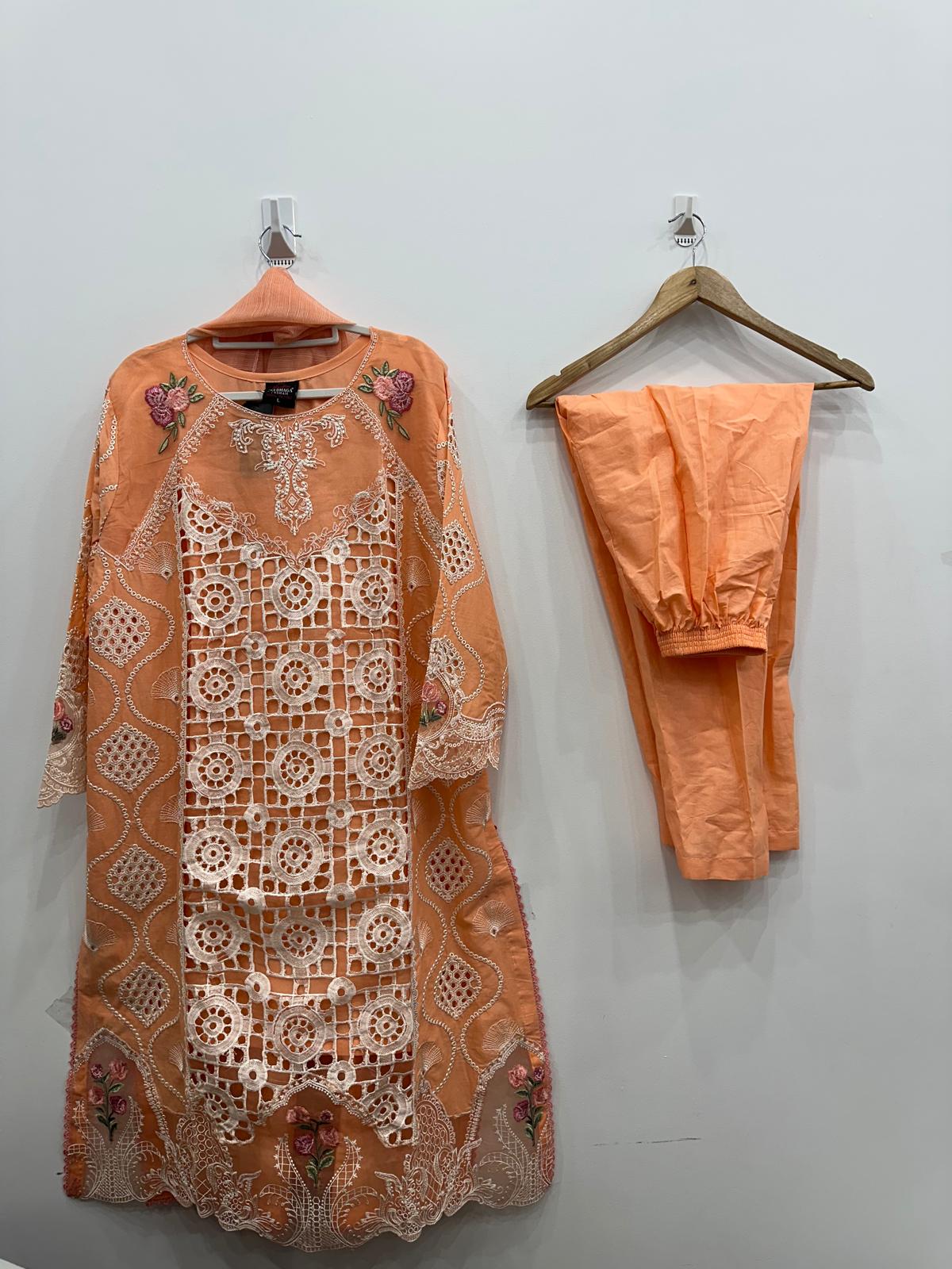 Peach White Embroidered Cotton Lawn 3-Piece Suit with Khaddi Net Dupatta