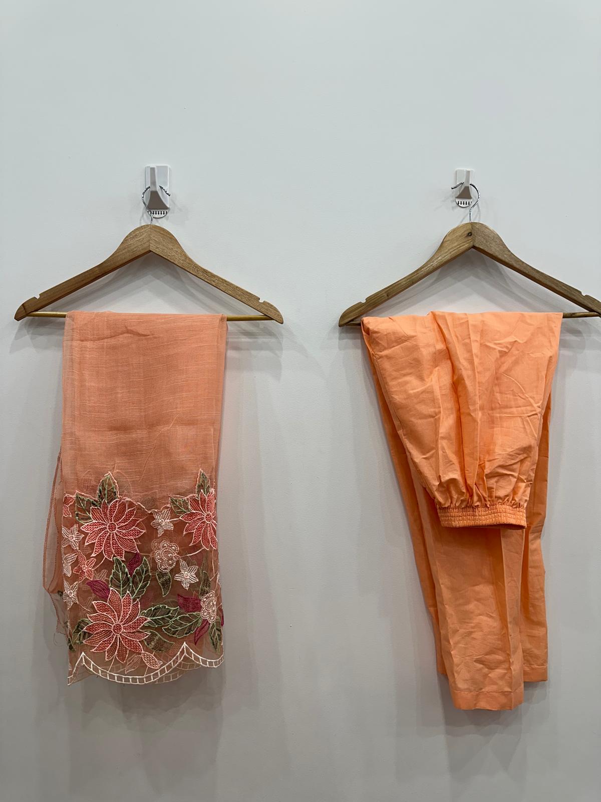 Peach White Embroidered Cotton Lawn 3-Piece Suit with Khaddi Net Dupatta