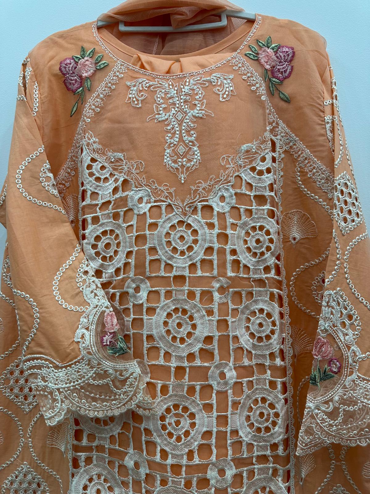 Peach White Embroidered Cotton Lawn 3-Piece Suit with Khaddi Net Dupatta