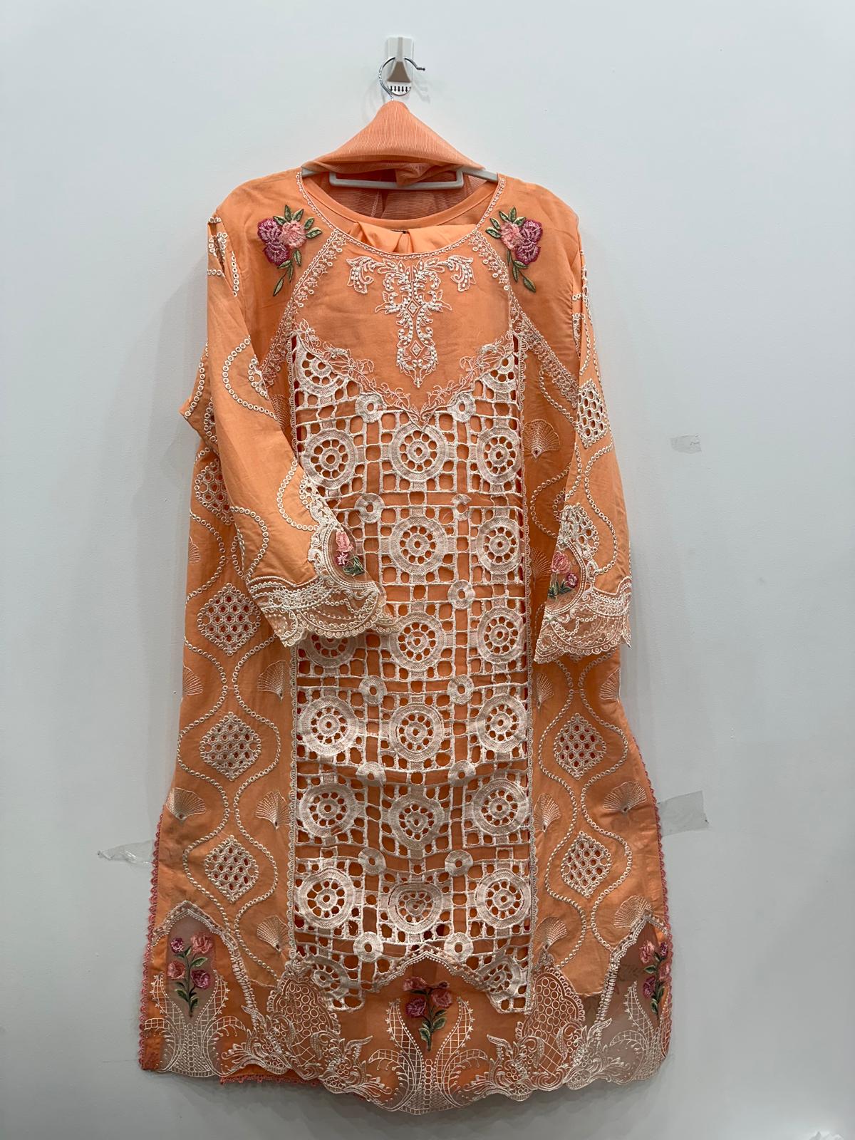 Peach White Embroidered Cotton Lawn 3-Piece Suit with Khaddi Net Dupatta