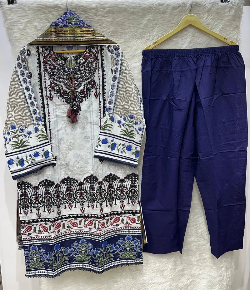 White and navy embroidered Pakistani 3 piece lawn suit with Doriya Lawn